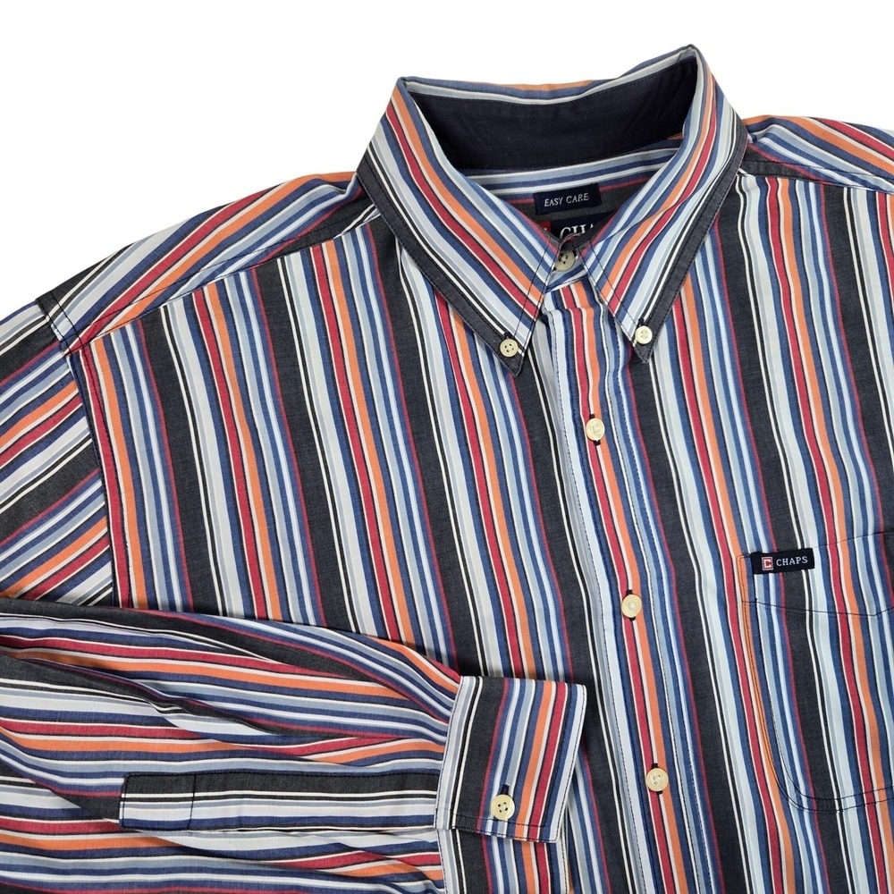 Y2K Chaps Easy Care Men's L Blutton Down Shirt Striped Long Sleeve Casual Preppy - Picture 2 of 7